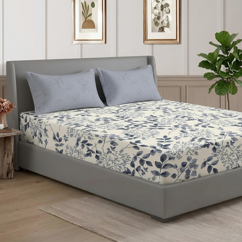 Fabella King-Size Bedsheet  |   Ash Floral  |  Ultra-Soft,  Cotton-Feel Fabric