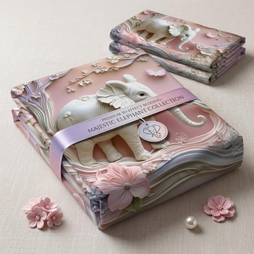 Royal White Elephant & Blossom Printed Bedsheet Set - Aura Print