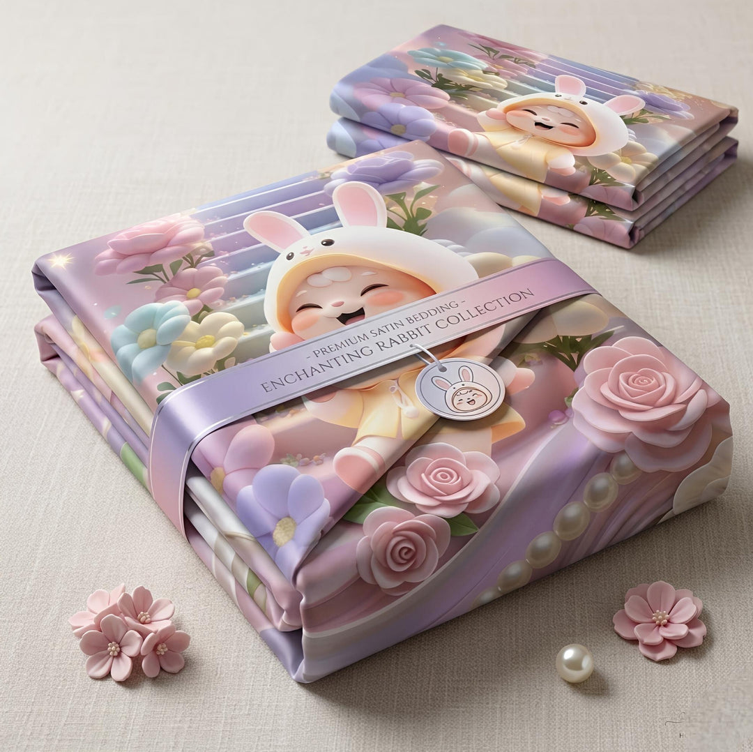 Pastel Purple and Pink Bunny Character Bedsheet with 2 Pillowcases -Aura Print