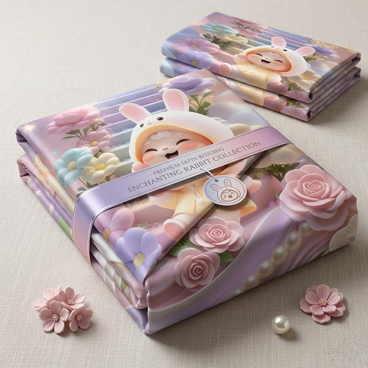 Pastel Purple and Pink Bunny Character Bedsheet with 2 Pillowcases -Aura Print