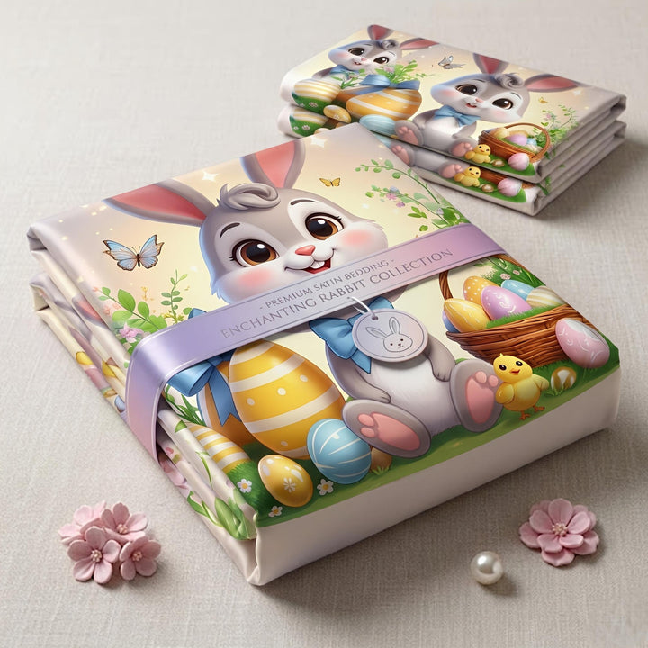 Cartoon Bunny Character Bed Sheet Set with Basket and Chicks - Aura Print