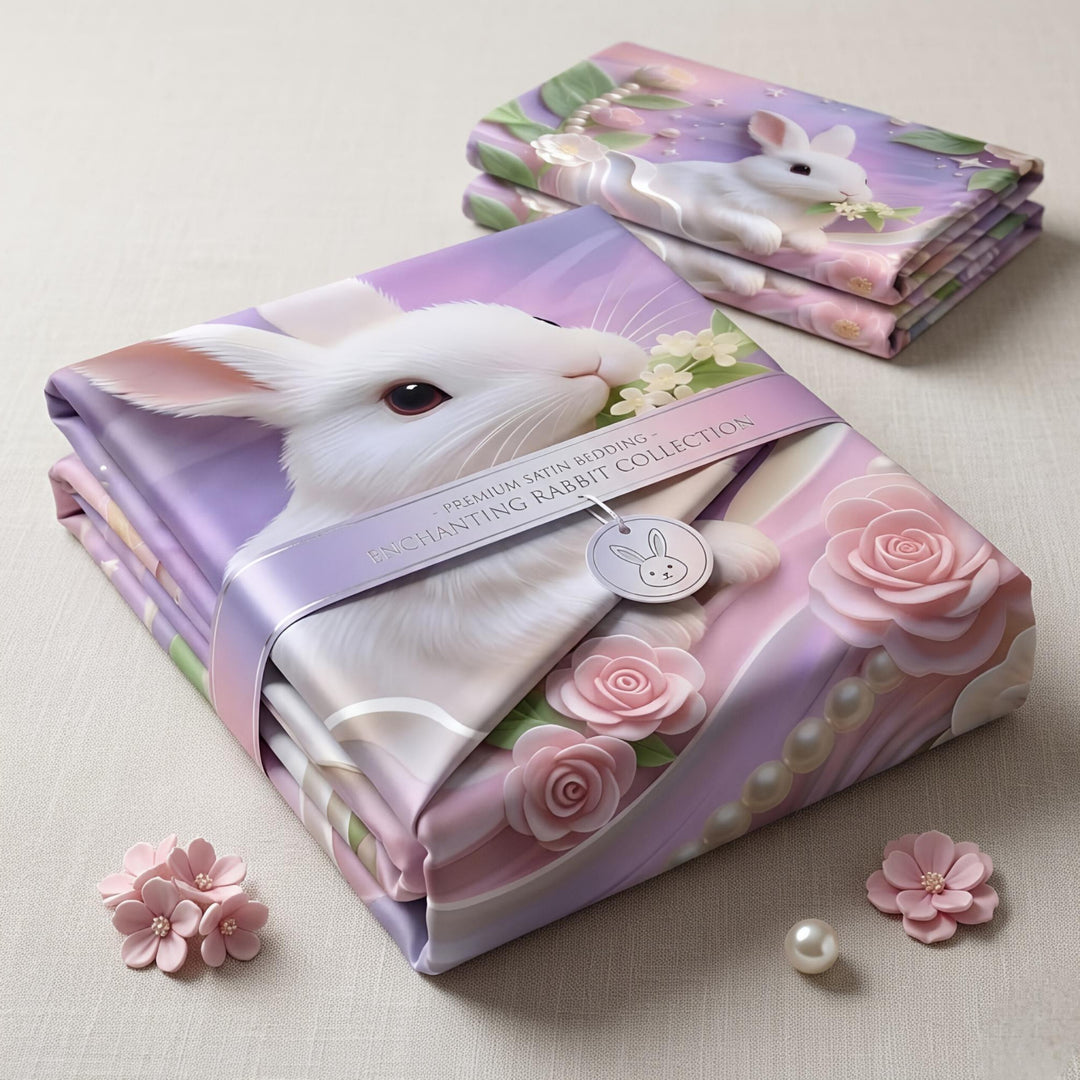 Elegant Cartoon Bunny and Pink Blossoms Soft Bedding Set - Aura Print