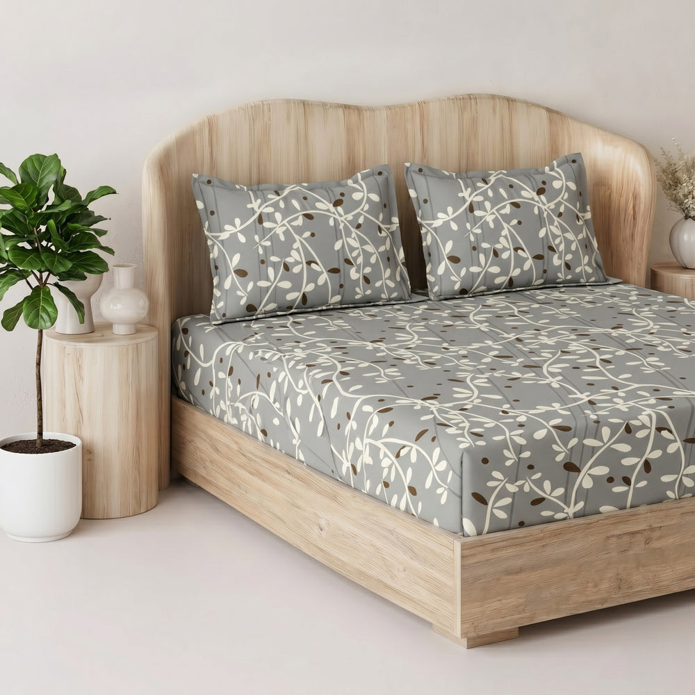 Fabella King-Size Bedsheets | Ash Floral | Ultra-Soft,  Cotton-Feel Fabric