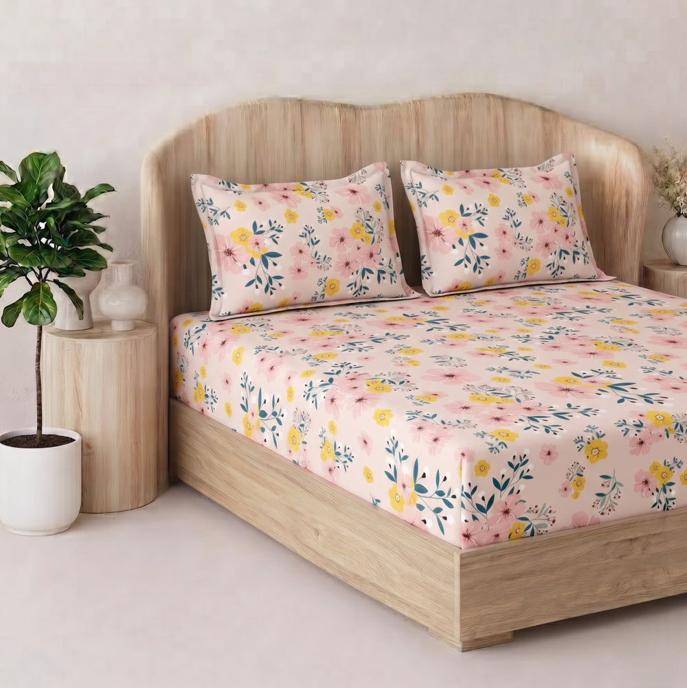 Fabella King-Size Bedsheet  |  Yellow & Pink Floral  |  Ultra-Soft,  Cotton-Feel Fabric