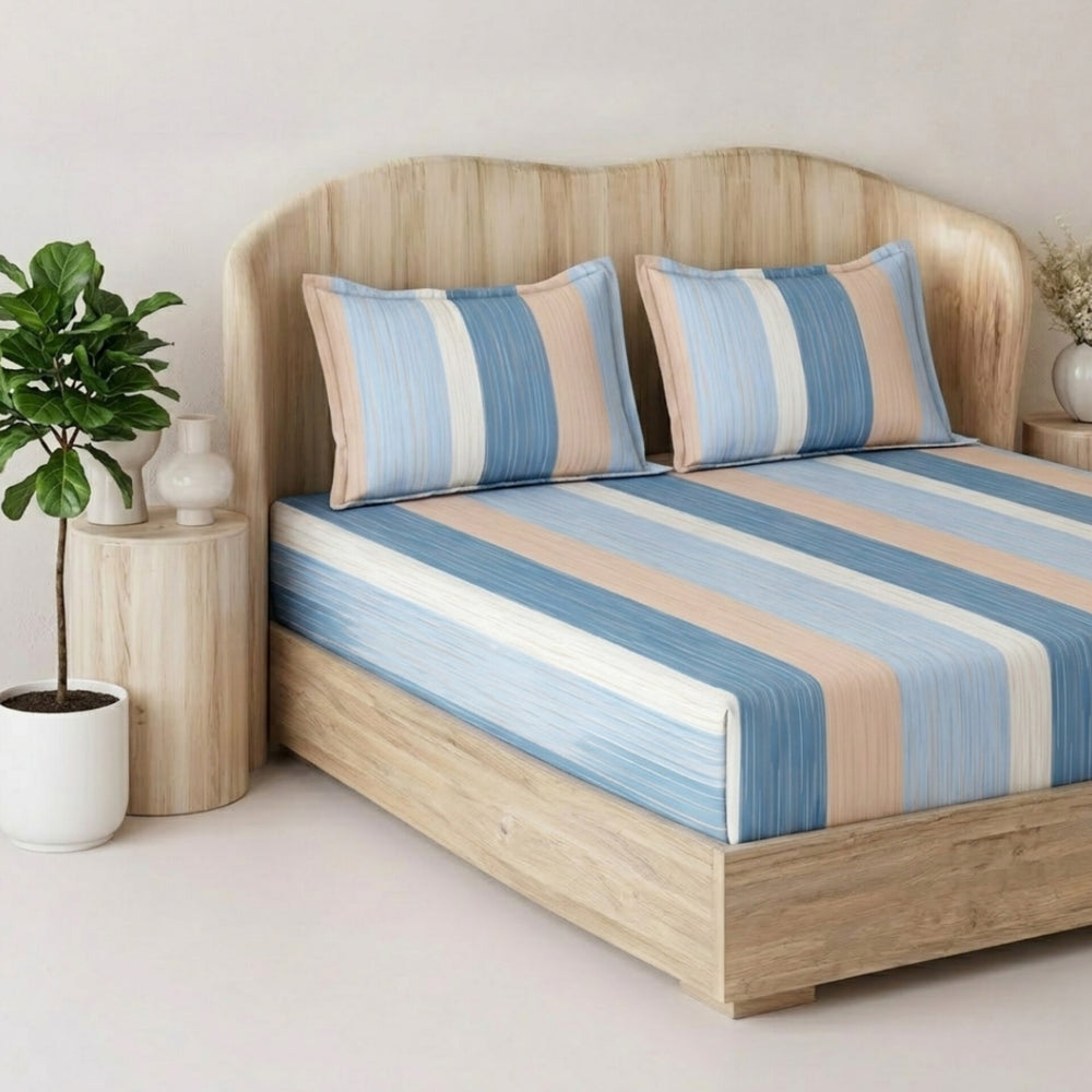 Fabella King-Size Bedsheet  |  Blue & Cream Striped |  Ultra-Soft,  Cotton-Feel Fabric