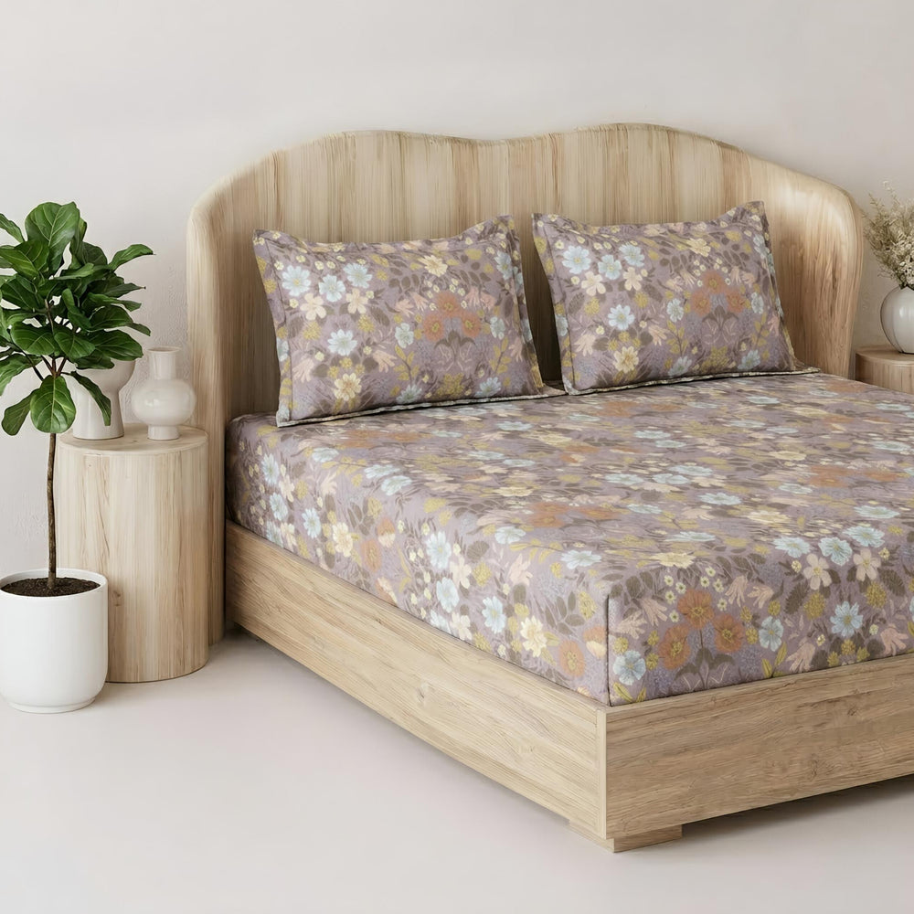 Fabella King-Size Bedsheet  | Light Brown & White Floral  |  Ultra-Soft,  Cotton-Feel Fabric