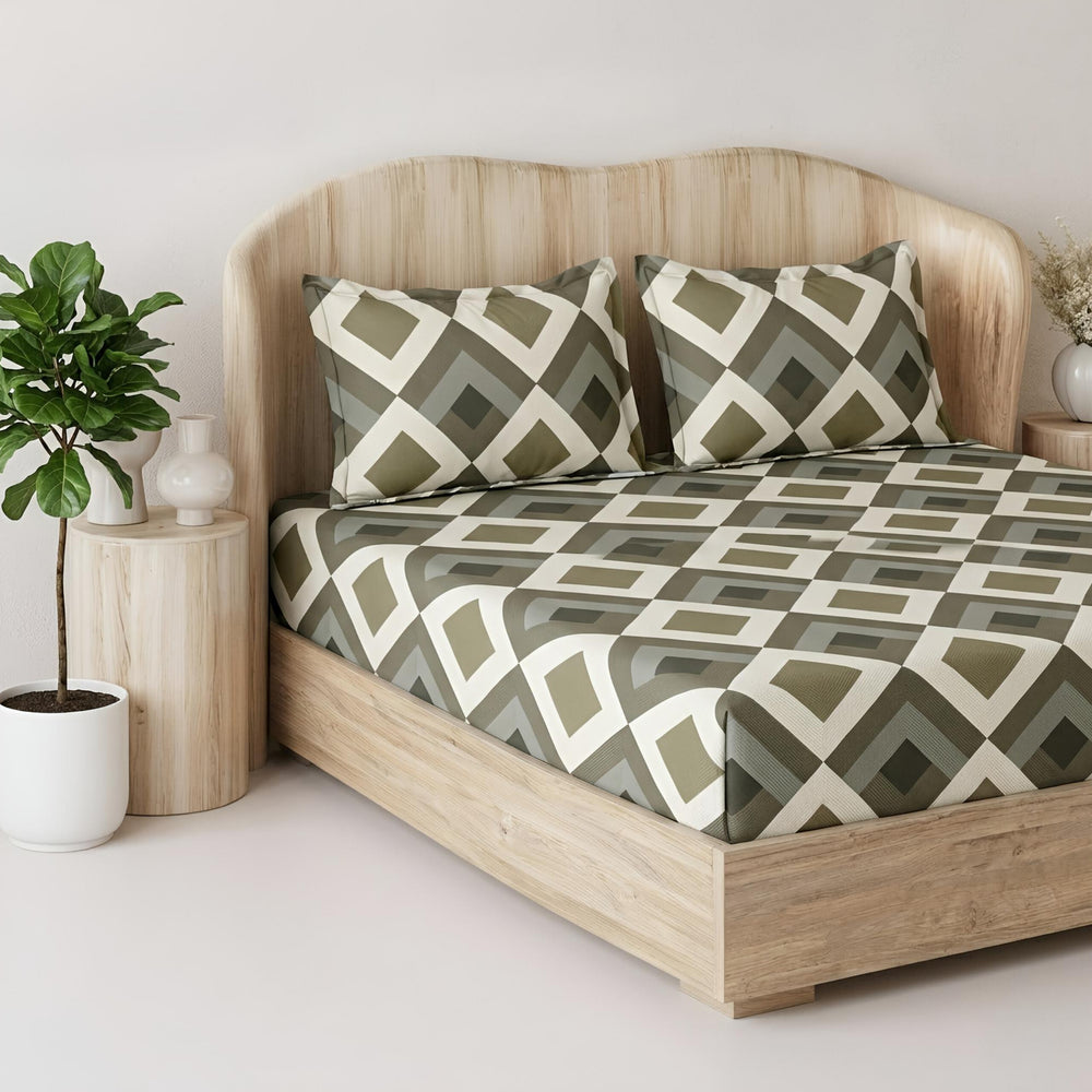 Fabella King-Size Bedsheet  |  White & Olive Green   |  Ultra-Soft,  Cotton-Feel Fabric