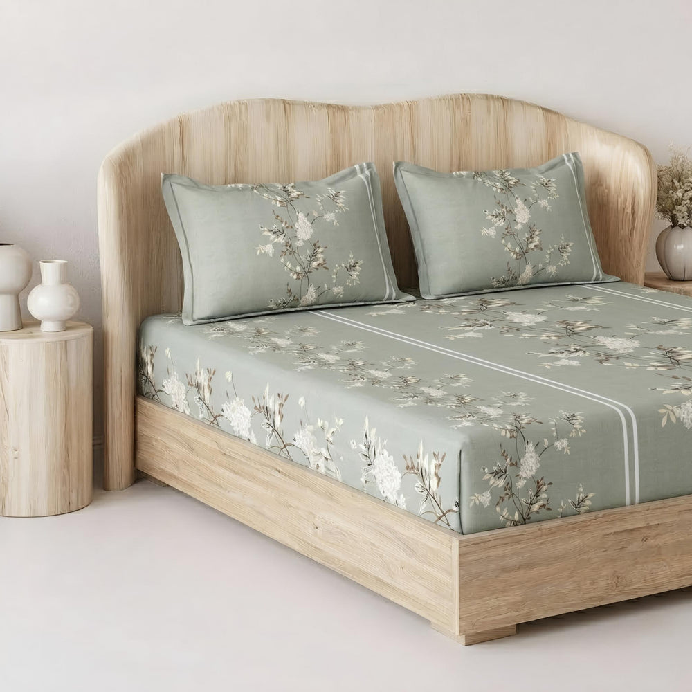 Fabella King-Size Bedsheet  |  Light Pista Green Floral   |  Ultra-Soft,  Cotton-Feel Fabric