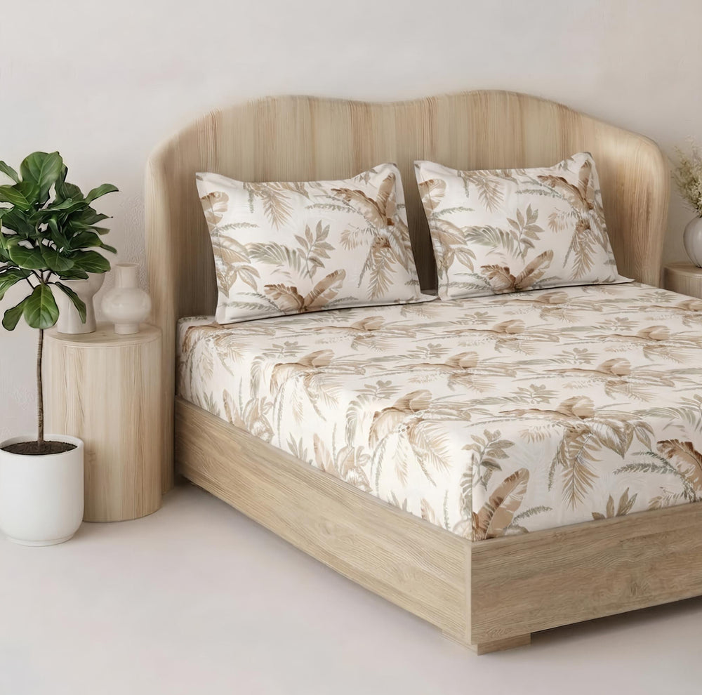Fabella King-Size Bedsheet  |   Light Brown Floral   |  Ultra-Soft,  Cotton-Feel Fabric