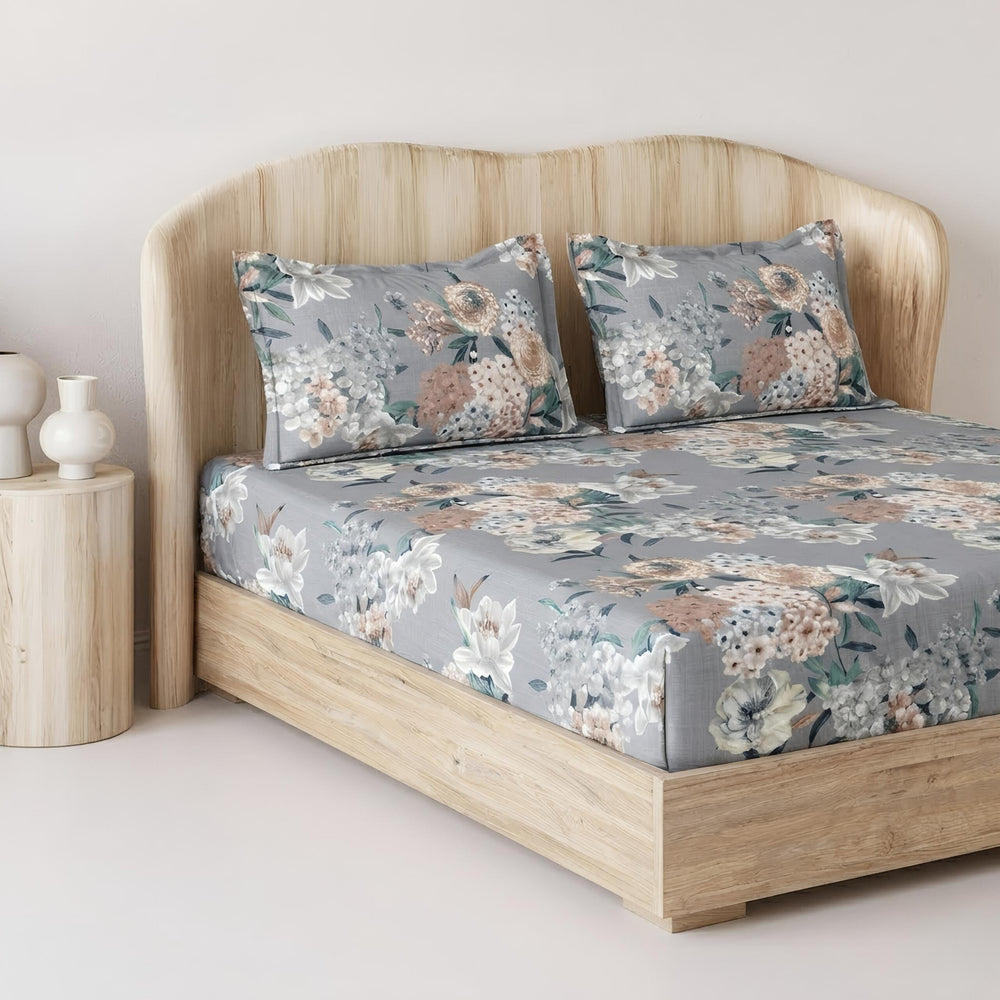 Fabella King-Size Bedsheet  |   Ash Floral  |  Ultra-Soft, Cotton-Feel Fabric