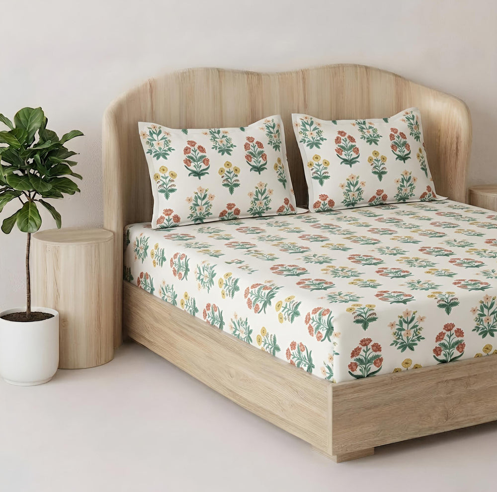 Fabella King-Size Bedsheet  |  Yellow & Red Floral   |  Ultra-Soft, Cotton-Feel Fabric