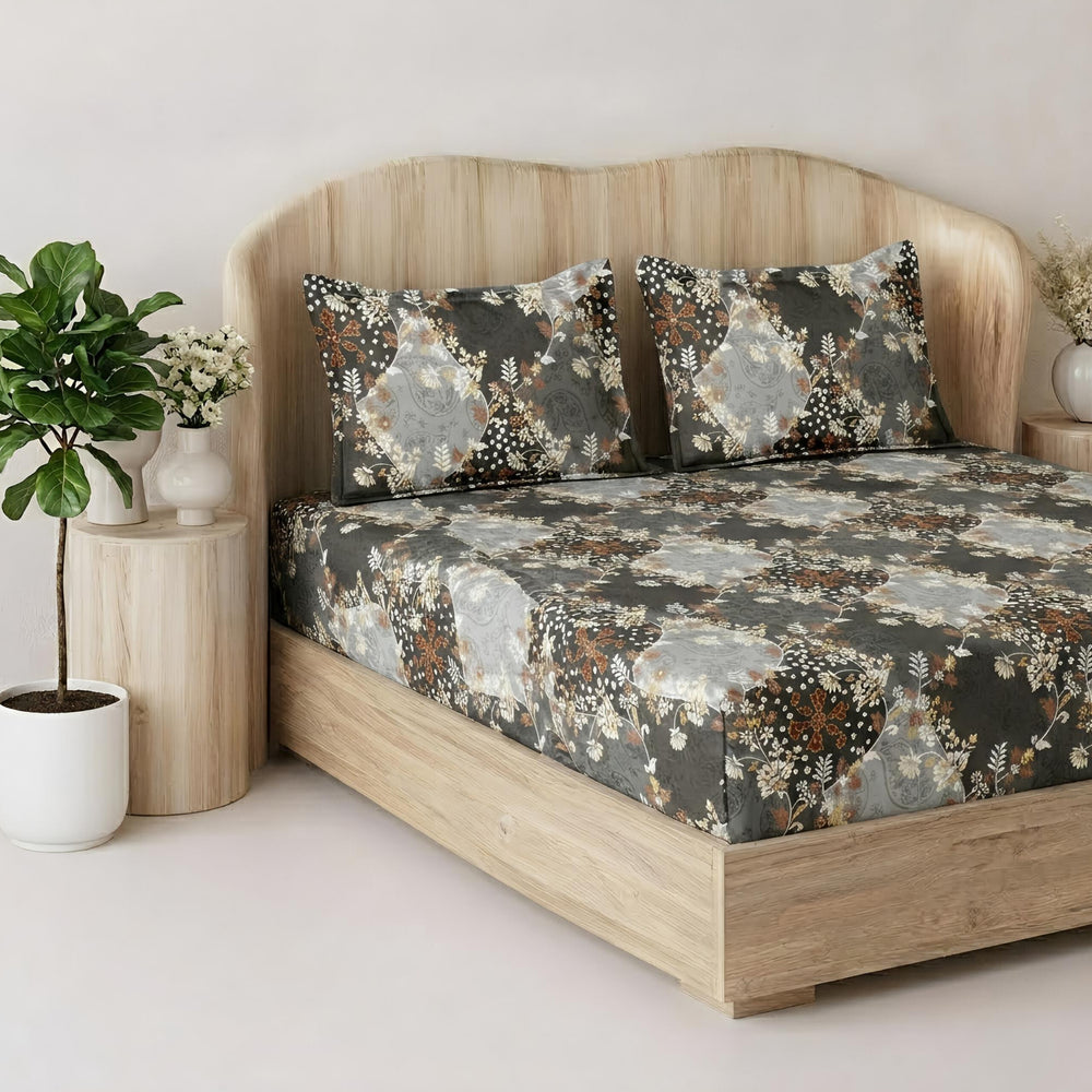 Fabella King-Size Bedsheet  |   Ash & Gray Floral  |  Ultra-Soft,  Cotton-Feel Fabric