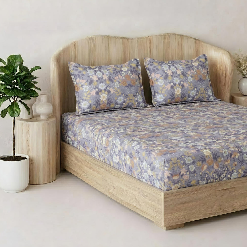 Fabella King-Size Bedsheet  |  Light Purple Floral  |  Ultra-Soft,  Cotton-Feel Fabric