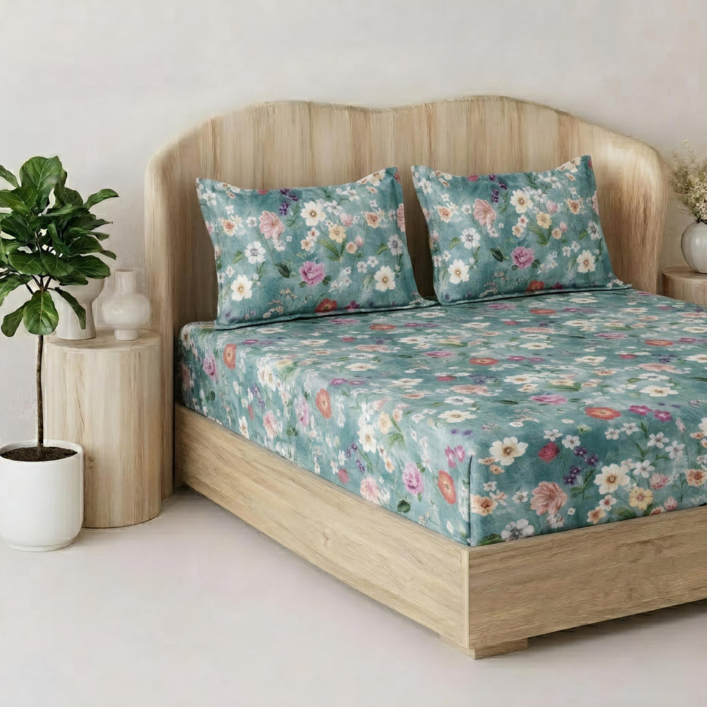 Fabella King-Size Bedsheet  |  Cloud Colour Floral  |  Ultra-Soft,  Cotton-Feel Fabric