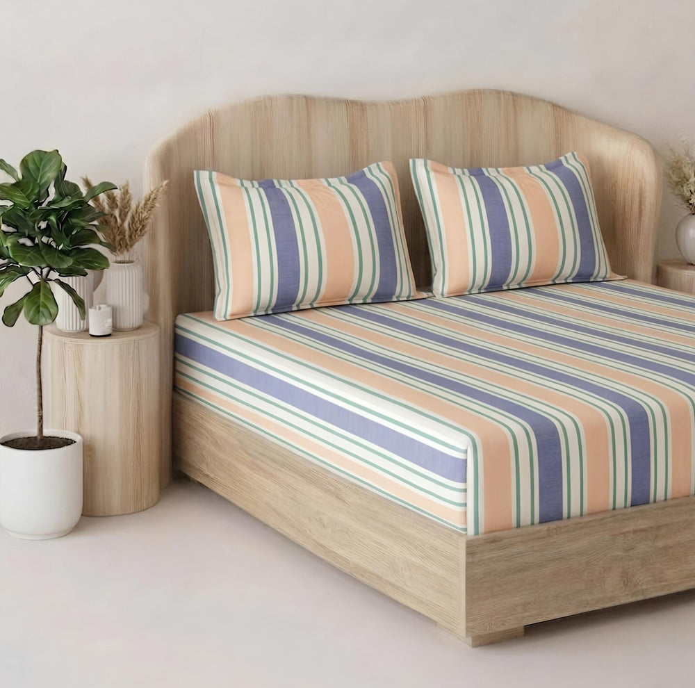 Fabella King-Size Bedsheet  |  Light Orange & Blue Striped  |  Ultra-Soft,  Cotton-Feel Fabric