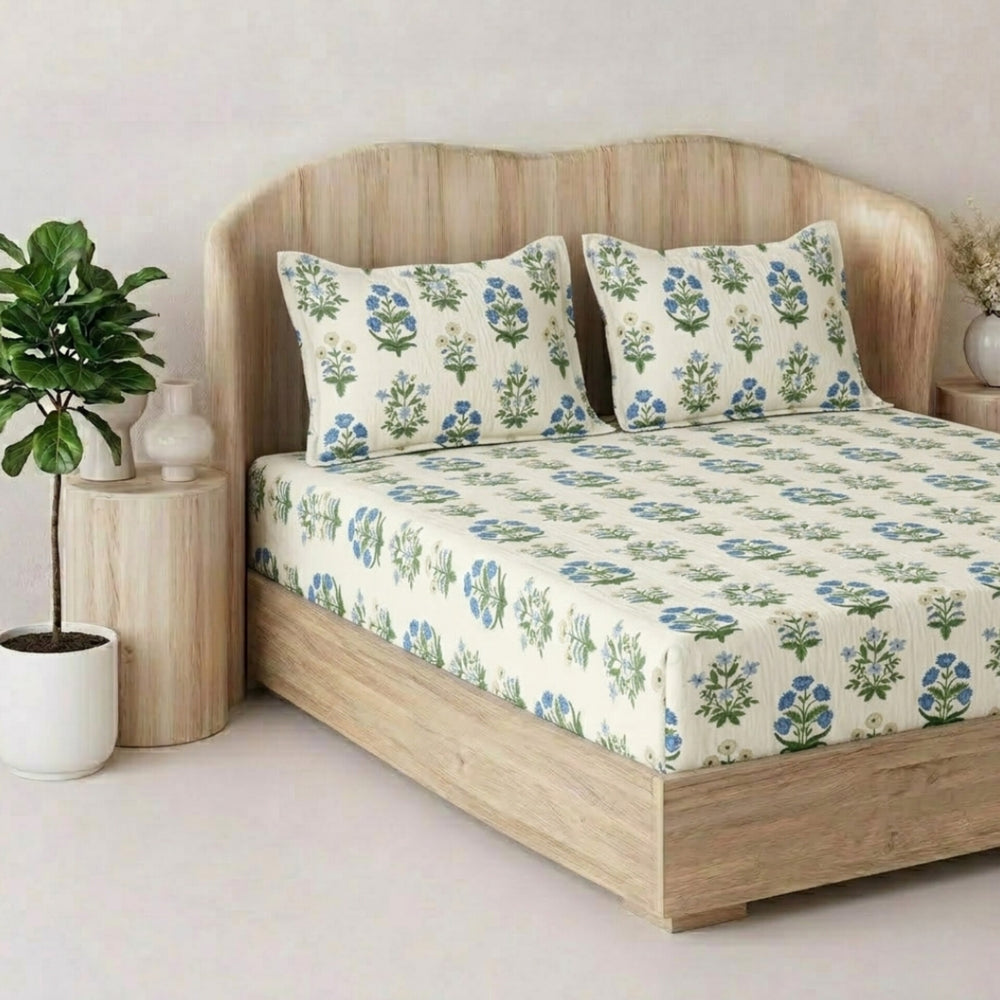 Fabella King-Size Bedsheet  |   Blue & Green Floral  |  Ultra-Soft,  Cotton-Feel Fabric
