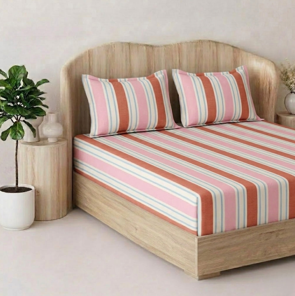 Fabella King-Size Bedsheet  |   Pink & Brown Striped  |  Ultra-Soft,  Cotton-Feel Fabric