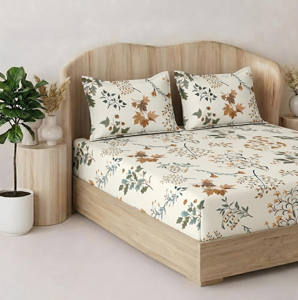 Fabella King-Size Bedsheet  |  Brown & Green Floral  |  Ultra-Soft,  Cotton-Feel Fabric