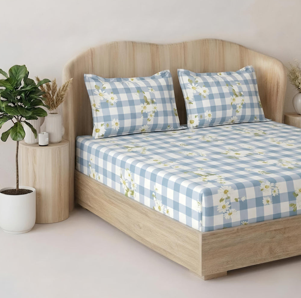 Fabella King-Size Bedsheet  |   Blue & White Floral   |  Ultra-Soft,  Cotton-Feel Fabric