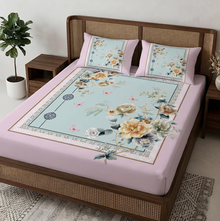 Aura  Print  3D  King-Size  Bedsheet  |   Pink Floral |  Cotton-Feel Realistic Prints