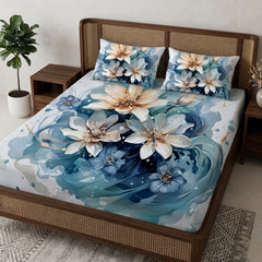3D Aura Print Floral Bedsheet – Cotton Feel Fabric for Elegant Bedrooms | Blue & White Floral