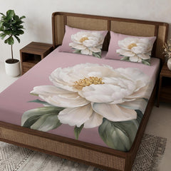 3D Aura Print Floral Bedsheet – Cotton Feel Fabric for Elegant Bedrooms | Pink White Peony Floral