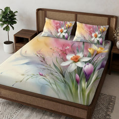 3D Aura Print Floral Bedsheet – Cotton Feel Fabric for Elegant Bedrooms | White & Pink Floral