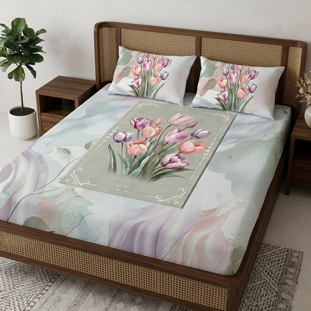 Aura  Print  3D  King-Size  Bedsheet  |   Pink & Purple Floral  |  Cotton-Feel Realistic Prints
