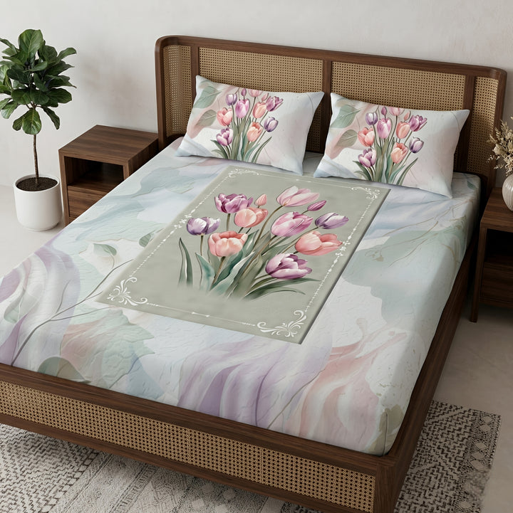 3D Aura Print Floral Bedsheet – Cotton Feel Fabric for Elegant Bedrooms | Pink & Purple Floral