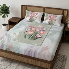 3D Aura Print Floral Bedsheet – Cotton Feel Fabric for Elegant Bedrooms | Pink & Purple Floral