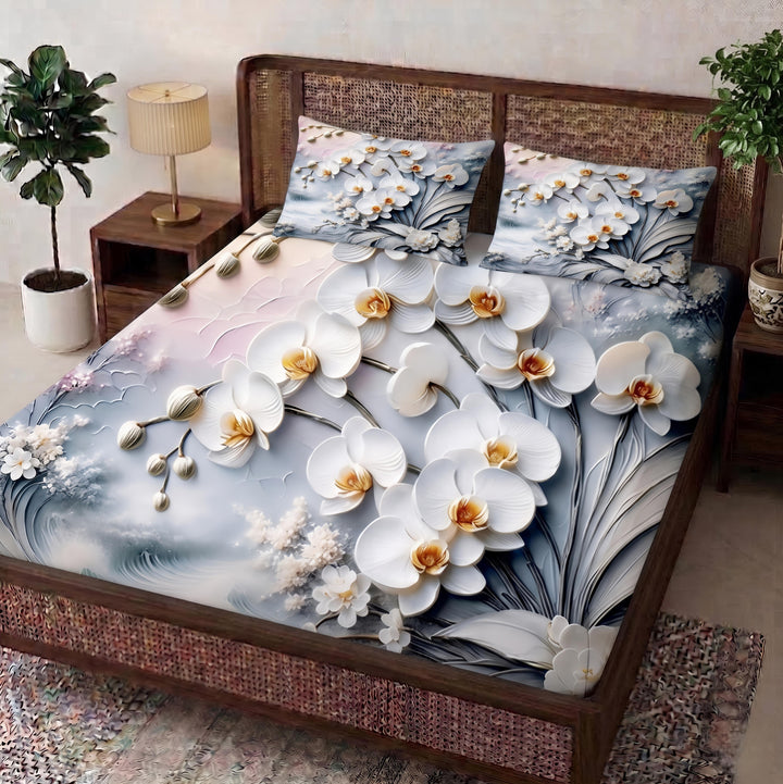3D Aura Print Floral Bedsheet – Cotton Feel Fabric for Elegant Bedroom | White & Gray Floral