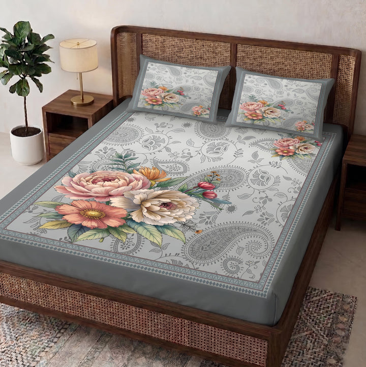 Aura  Print  3D  King-Size  Bedsheet  |  Light Gray Floral |  Cotton-Feel Realistic Prints