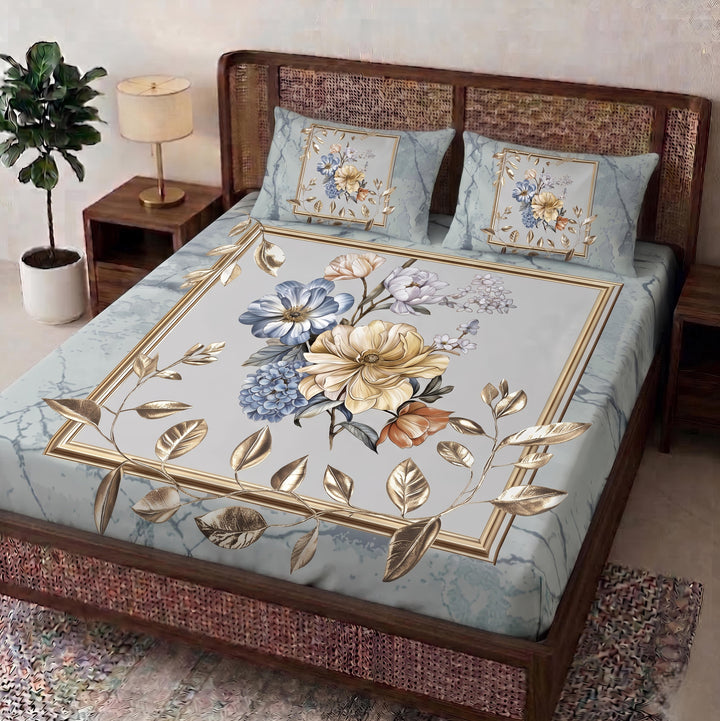 3D Aura Print Floral Bedsheet – Cotton Feel Fabric for Elegant Bedrooms | Light Blue Floral
