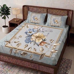 3D Aura Print Floral Bedsheet – Cotton Feel Fabric for Elegant Bedrooms | Light Blue Floral