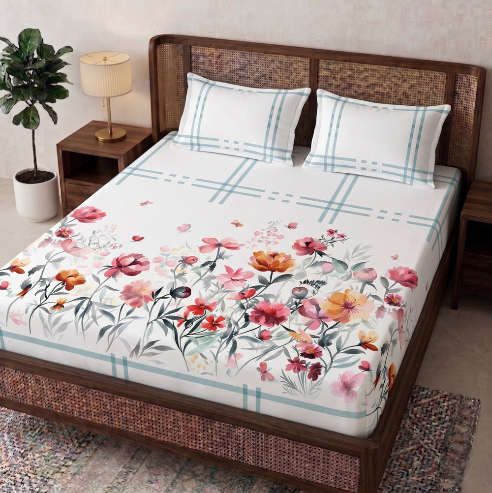 Aura  Print  3D  King-Size  Bedsheet  |  Pink & Orange Floral |  Cotton-Feel Realistic Prints