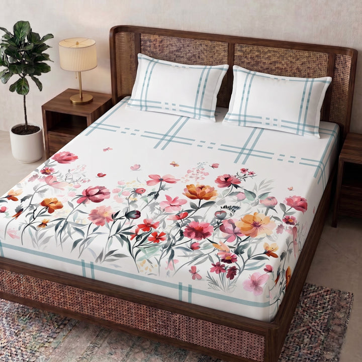 Aura  Print  3D  King-Size  Bedsheet  |  Pink & Orange Floral |  Cotton-Feel Realistic Prints