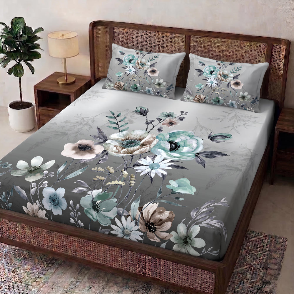 Aura  Print  3D  King-Size  Bedsheet  |  Gray Floral |  Cotton-Feel Realistic Prints