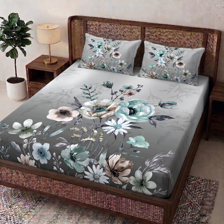 Aura  Print  3D  King-Size  Bedsheet  |  Gray Floral |  Cotton-Feel Realistic Prints