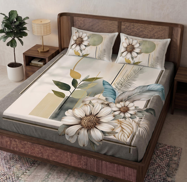 Aura  Print  3D  King-Size  Bedsheet  | White Floral  |  Cotton-Feel Realistic Prints