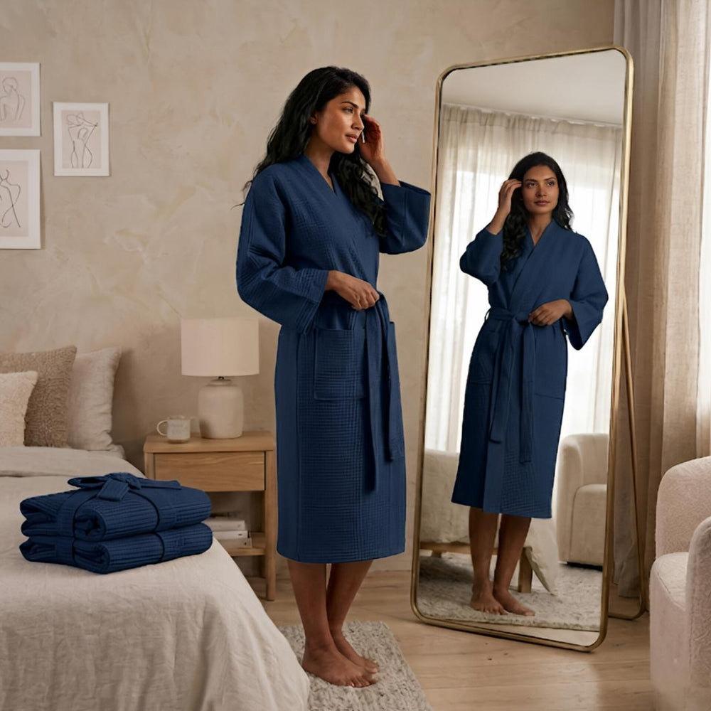 Luxury Waffle Bathrobes – Soft, Lightweight & Quick-Dry Comfort-Navy Blue Colour