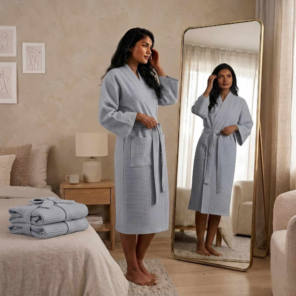 Luxury Waffle Bathrobes – Soft, Lightweight & Quick-Dry Comfort  | Silver Colour
