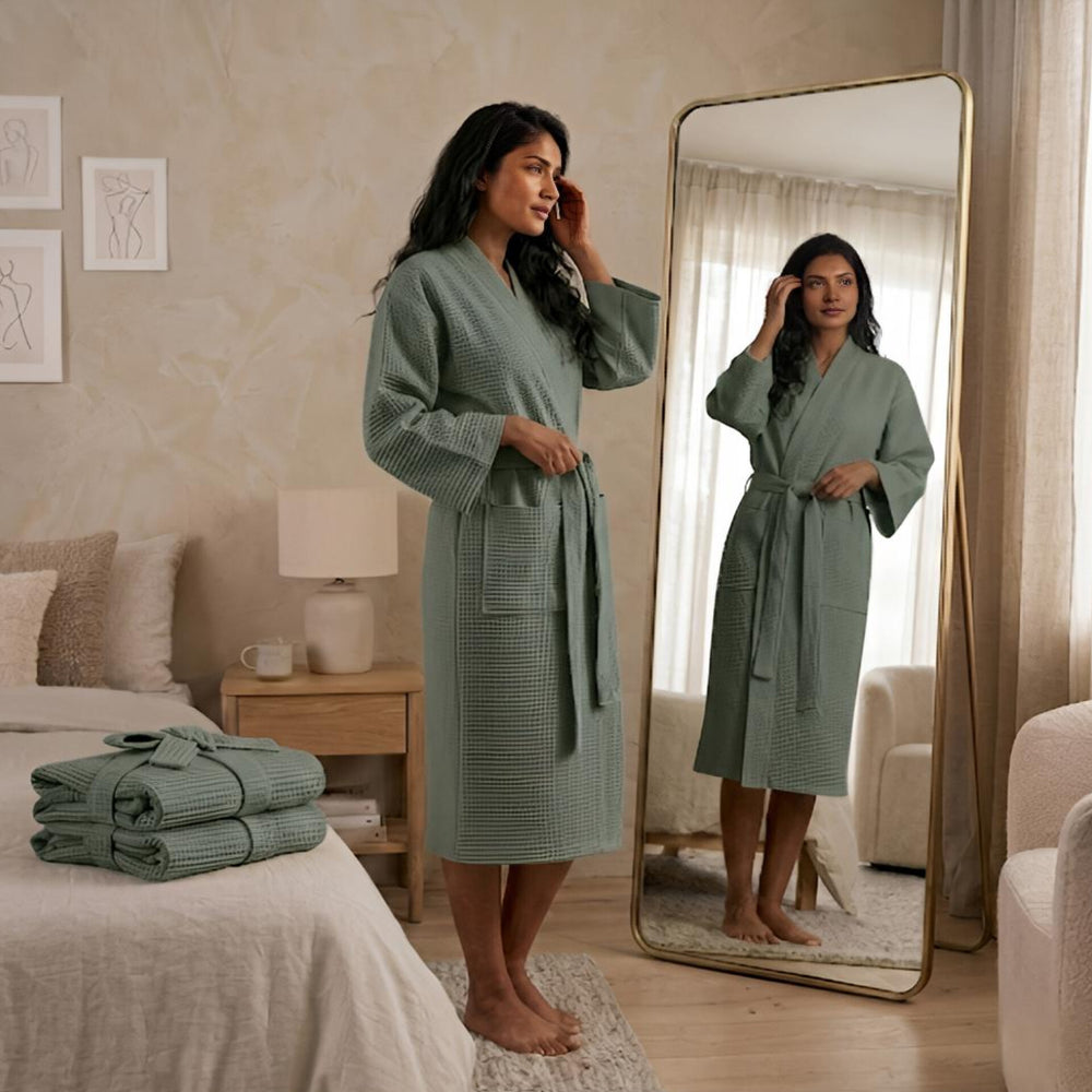 Luxury Waffle Bathrobes – Soft, Lightweight & Quick-Dry Comfort | Sage Green