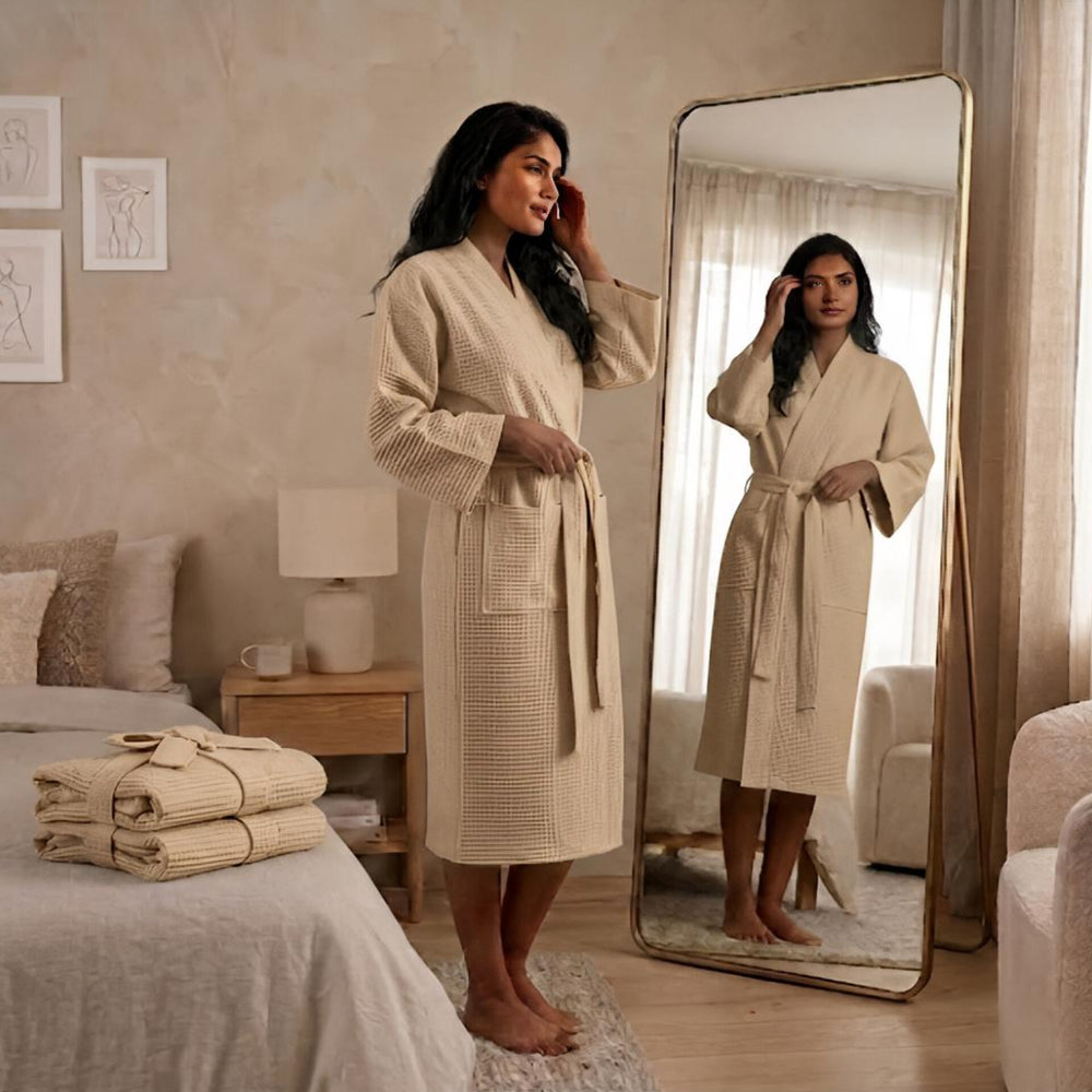 Luxury Waffle Bathrobes – Soft, Lightweight & Quick-Dry Comfort-Beige Colour