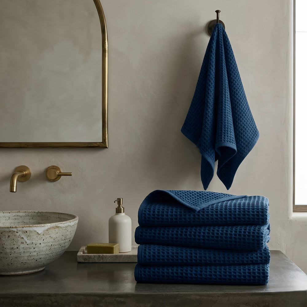 Waffle Soft Hand Towel  (Set Of 4)  | Quick-Dry &  Zero Twist  |  Navy Blue Colour