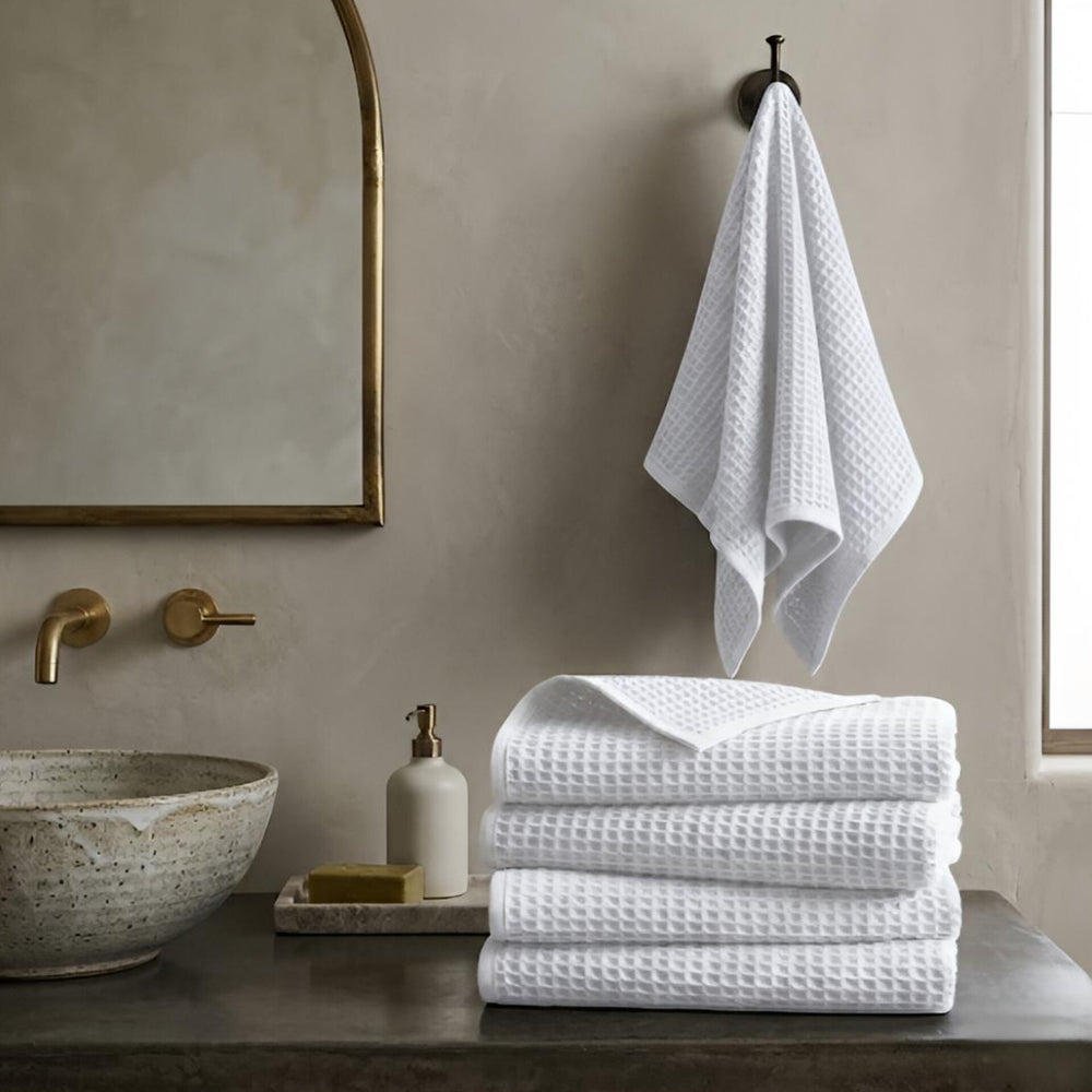 Waffle Soft Hand Towel  (Set Of 4)  |  Quick-Dry  &  Zero Twist  |  White Colour