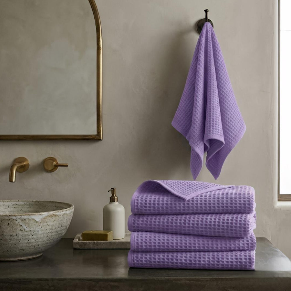 Waffle Soft Hand Towel  (Set Of 4)  | Quick-Dry &  Zero Twist  | Lavender Colour