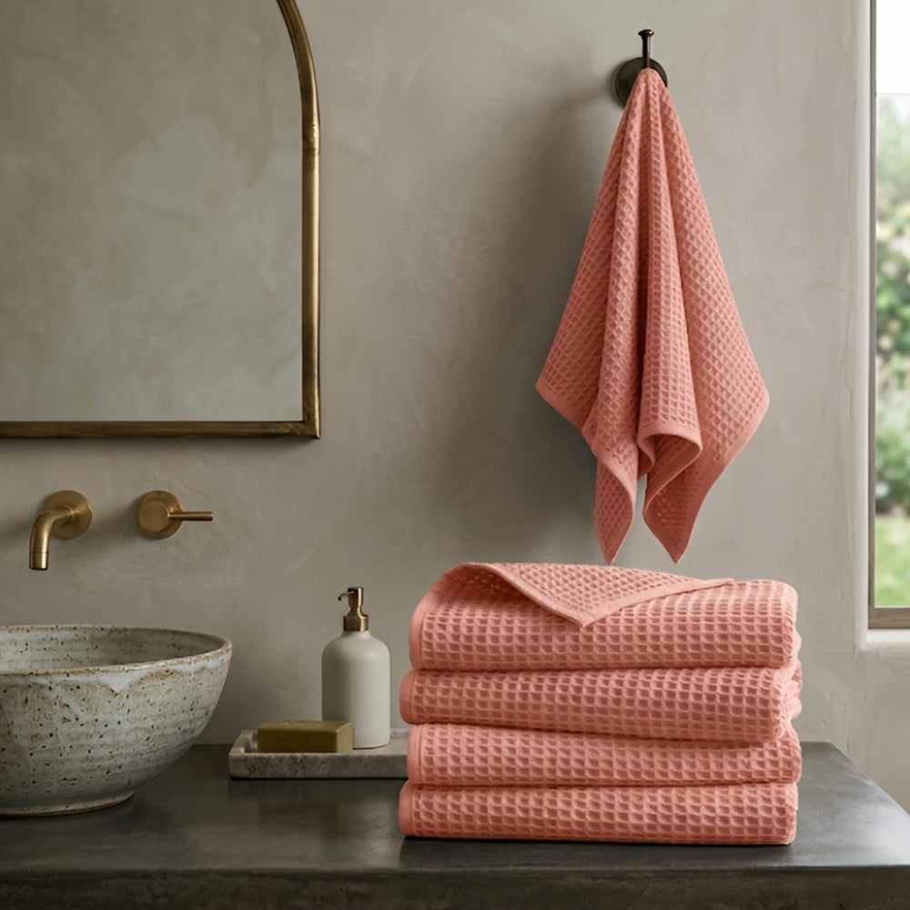 Waffle Soft Hand Towel (Set Of 4)  | Quick-Dry &  Zero Twist | Peach Colour