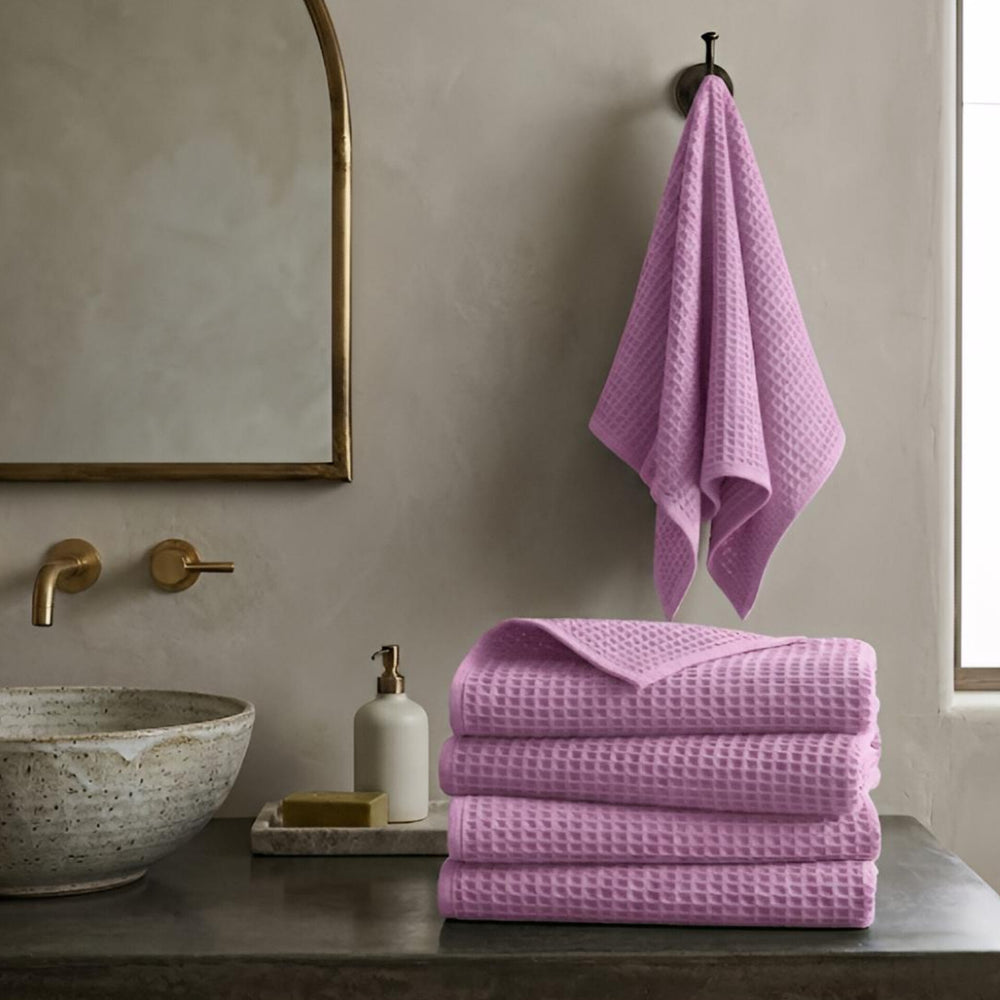 Waffle Soft Hand Towel (Set Of 4)  | Quick-Dry &  Zero Twist |  Pink Colour