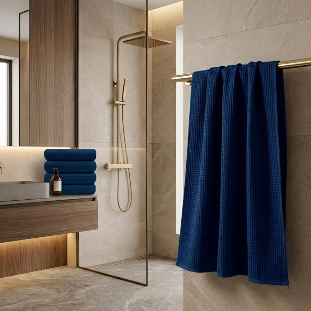 Waffle Soft Bath Towel  (Set Of 2)  | Quick-Dry &  Zero Twist | Navy Blue