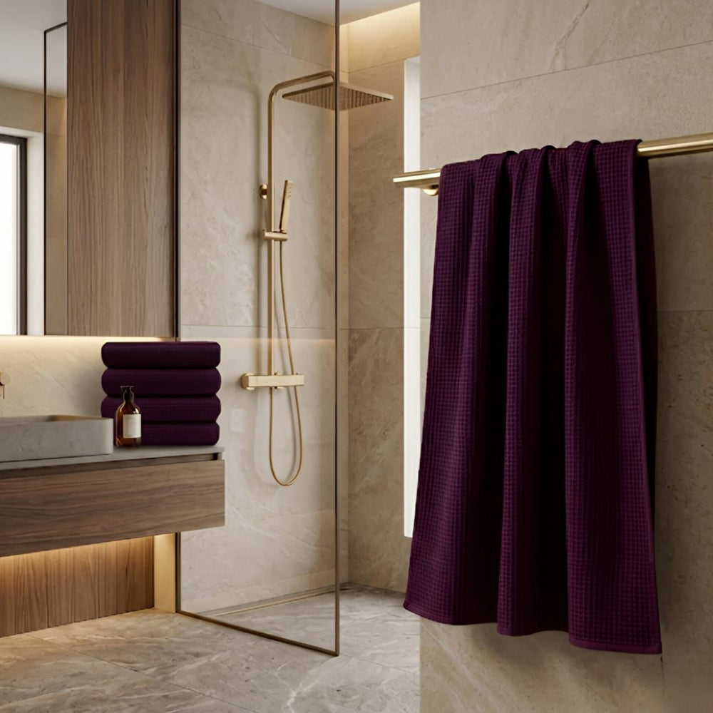 Waffle Soft Bath Towel  (Set Of 2)  | Quick-Dry &  Zero Twist  | Wine Colour
